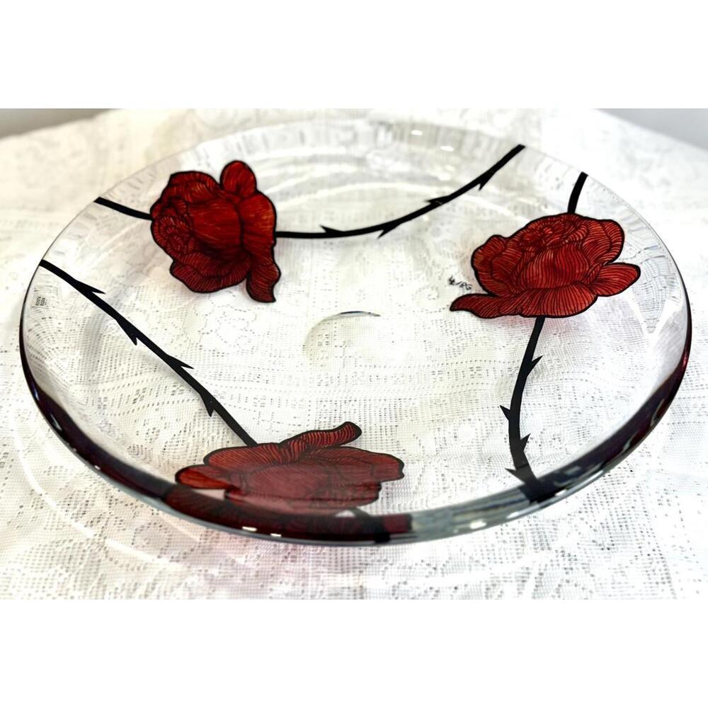 Kosta Boda Tattoo Red Roses 15"Glass Bowl - Ludvig Löfgren Sweden 2010 Art Glass